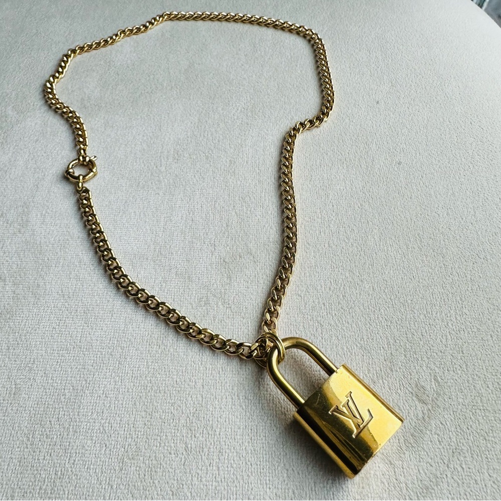 Louis Vuitton Lock Necklace Stainless Steel Curb Chain Gold Tone